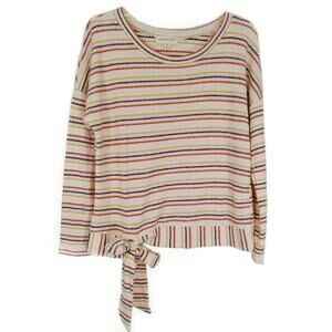 Coverstitched Waffle Striped Knit Sweater Top Size Medium Round Neckline